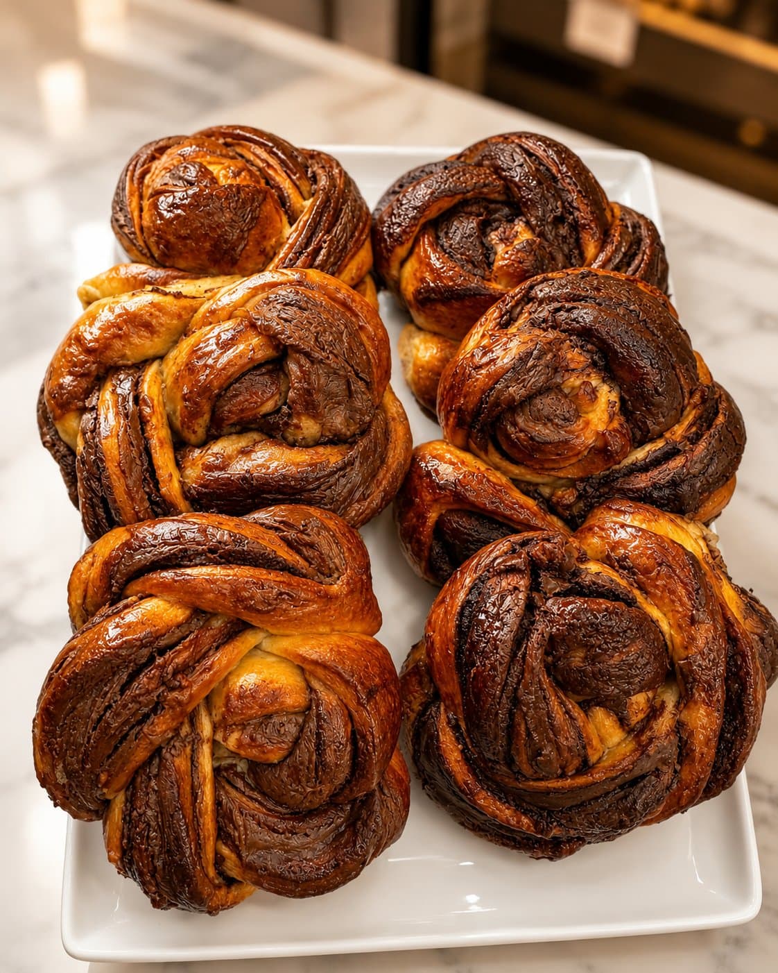 A platter of fresh chocolate babka rolls