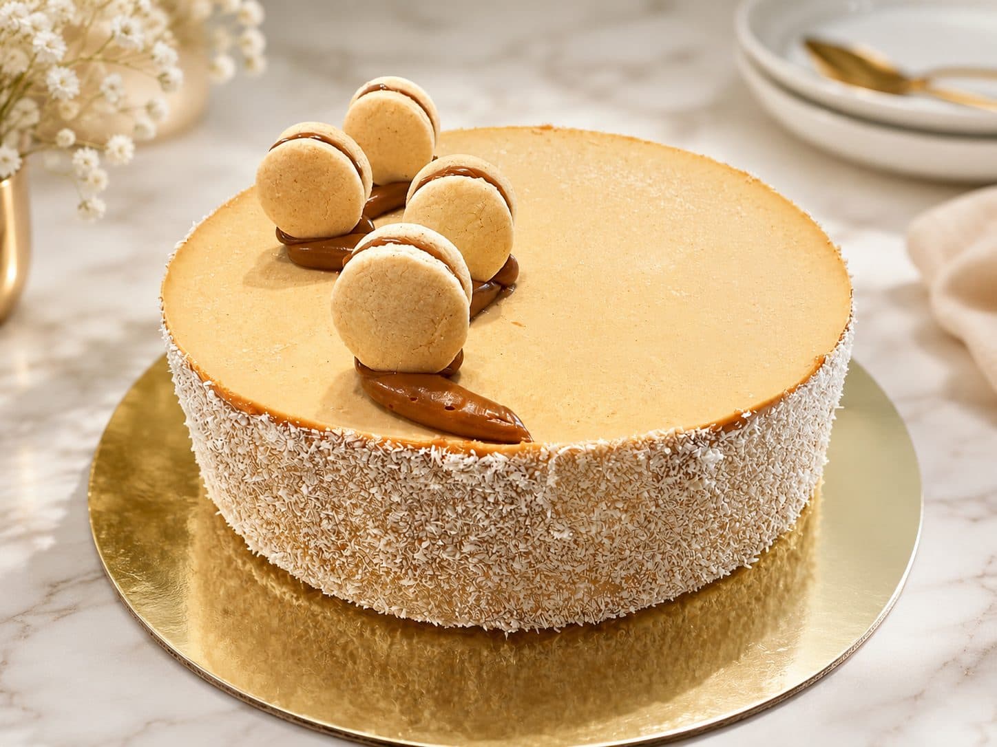Custom alfajor cake topped with dulce de leche and alfajor cookies