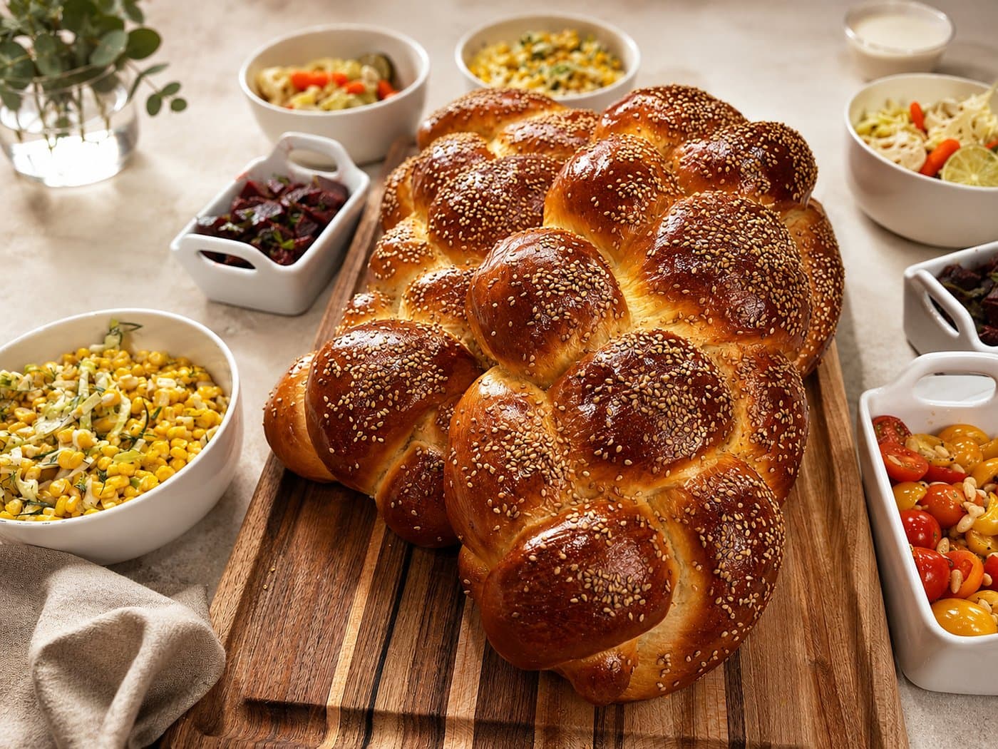 A challah platter served with sides