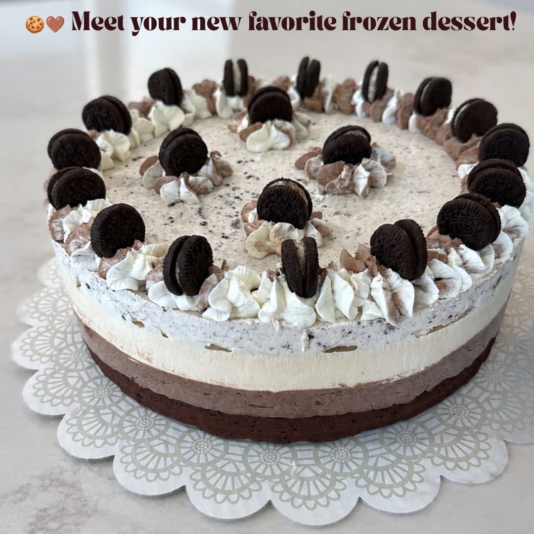 Layered cookies-and-cream frozen dessert cake