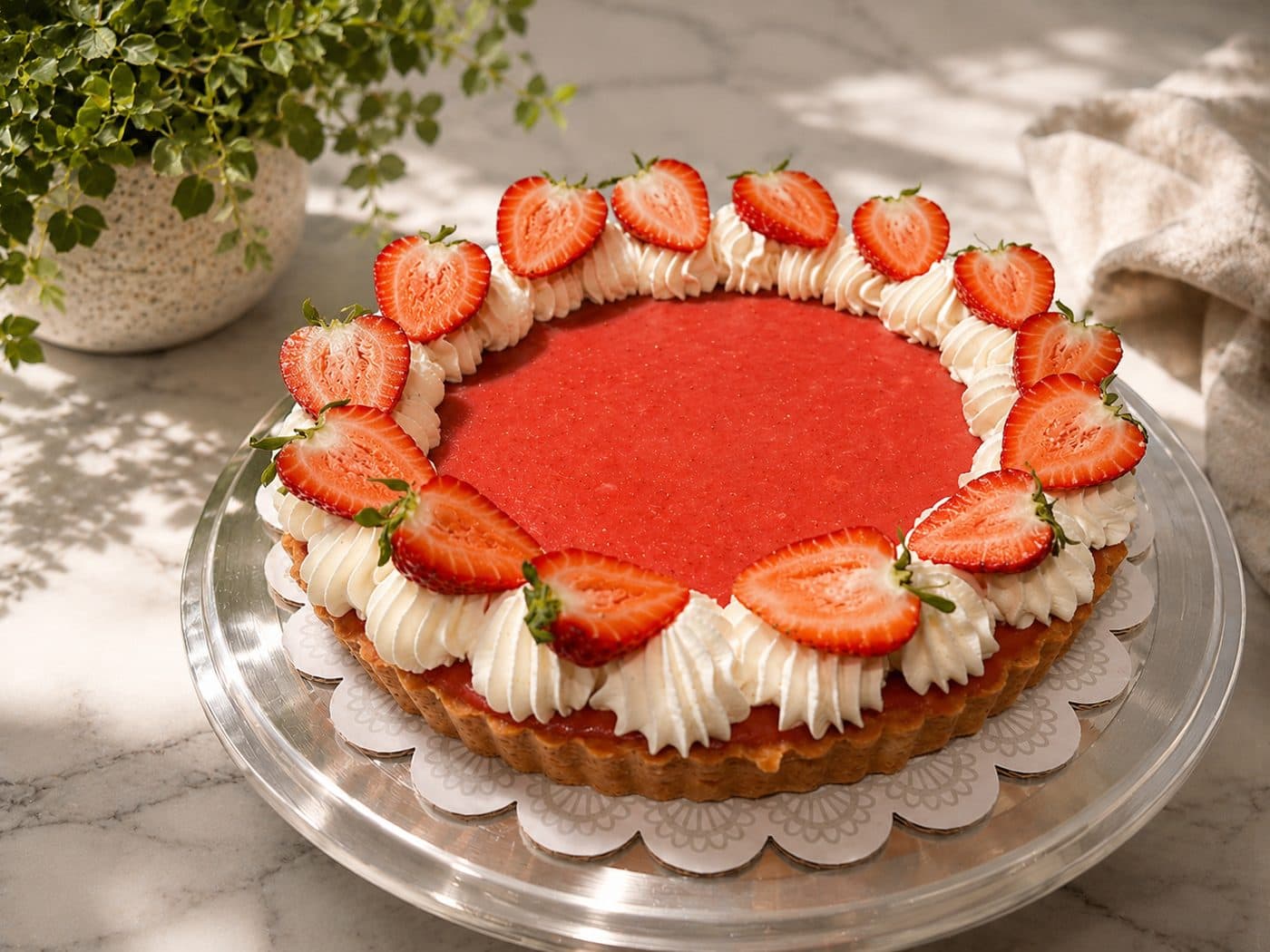 A strawberry tart piped with cream and topped with fresh strawberries